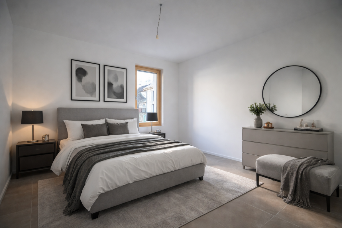 Modernes Schlafzimmer mit neutraler Einrichtung