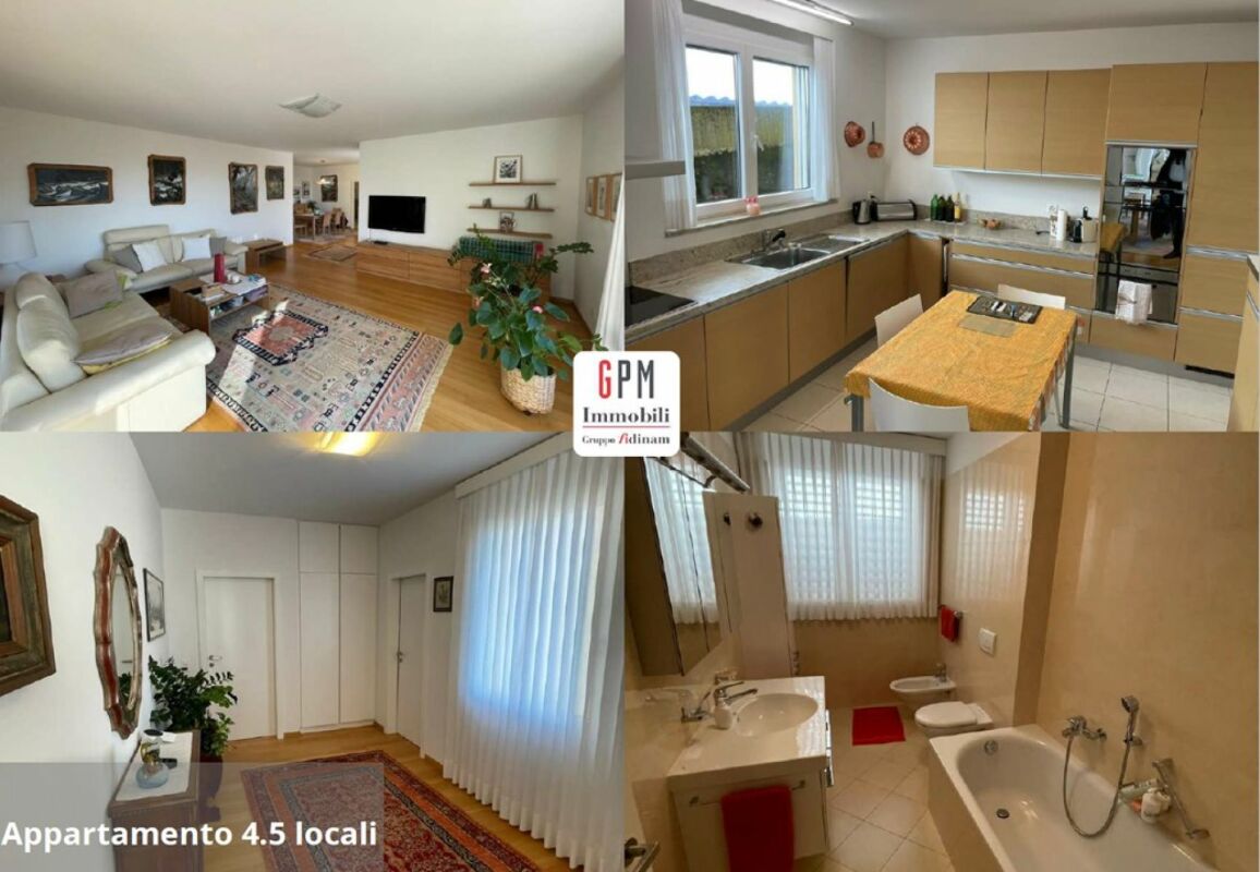 Mehrere Innenräume einer Wohnung mit Wohnzimmer, Küche, Flur und Bad