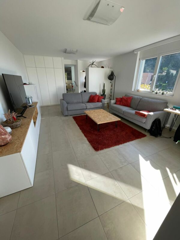 Heller Wohnraum mit grauen Sofas und rotem Teppich