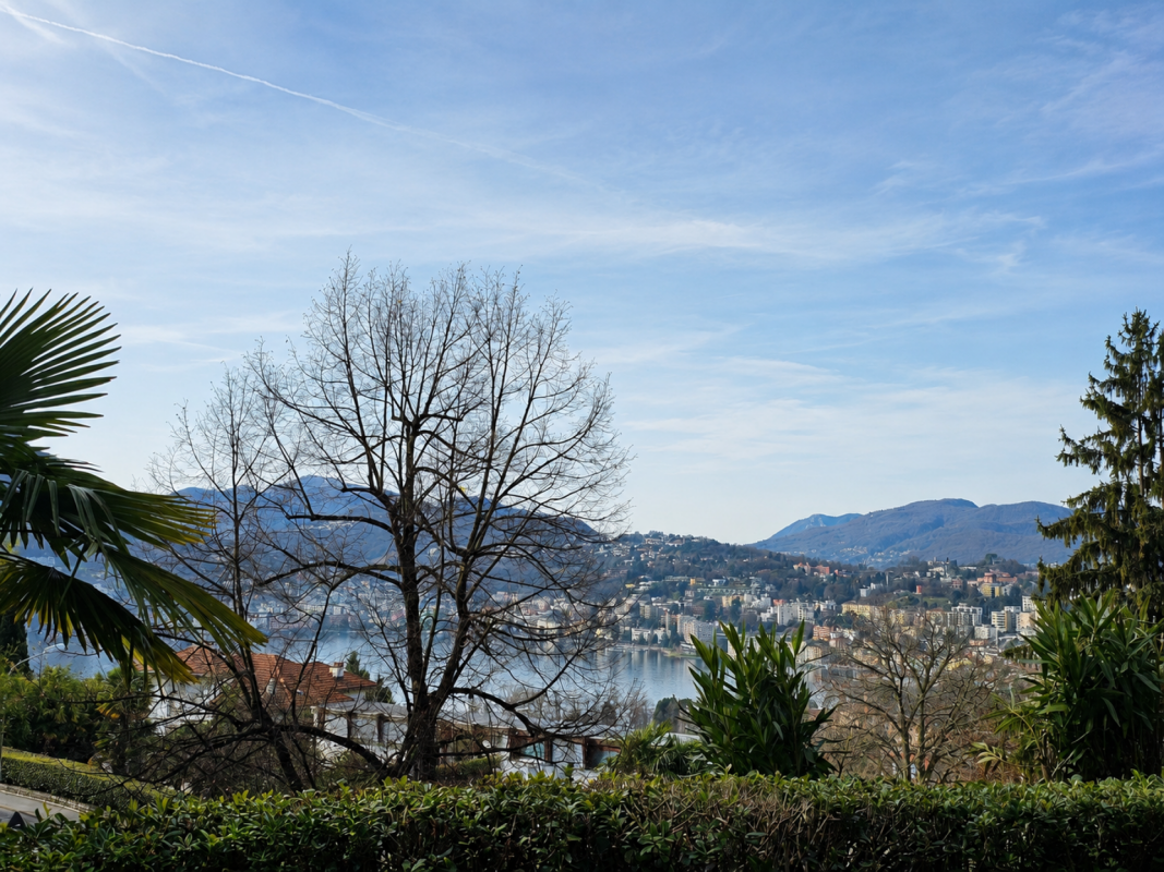 Panoramablick auf Stadt, See und Berge