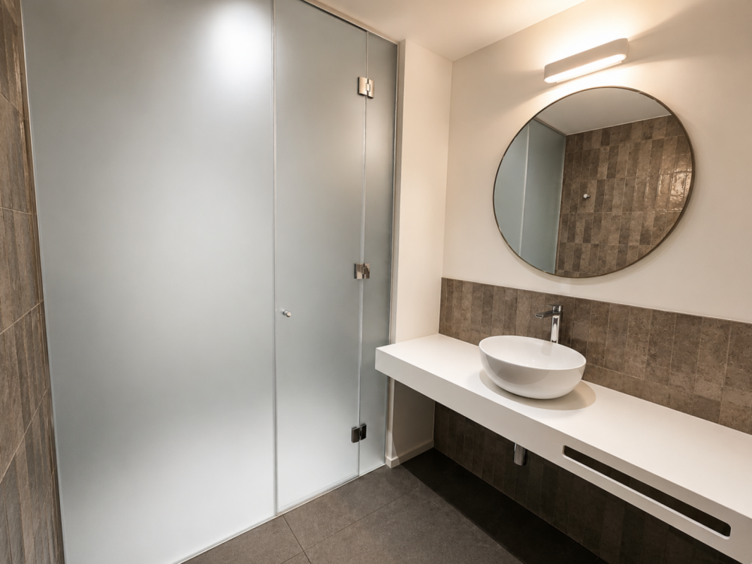 Modernes Badezimmer mit Rundspiegel und Waschtisch