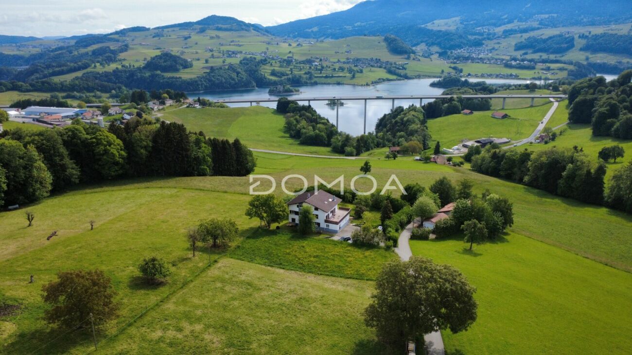 Luftaufnahme eines ländlichen Anwesens mit Berg- und Seepanorama