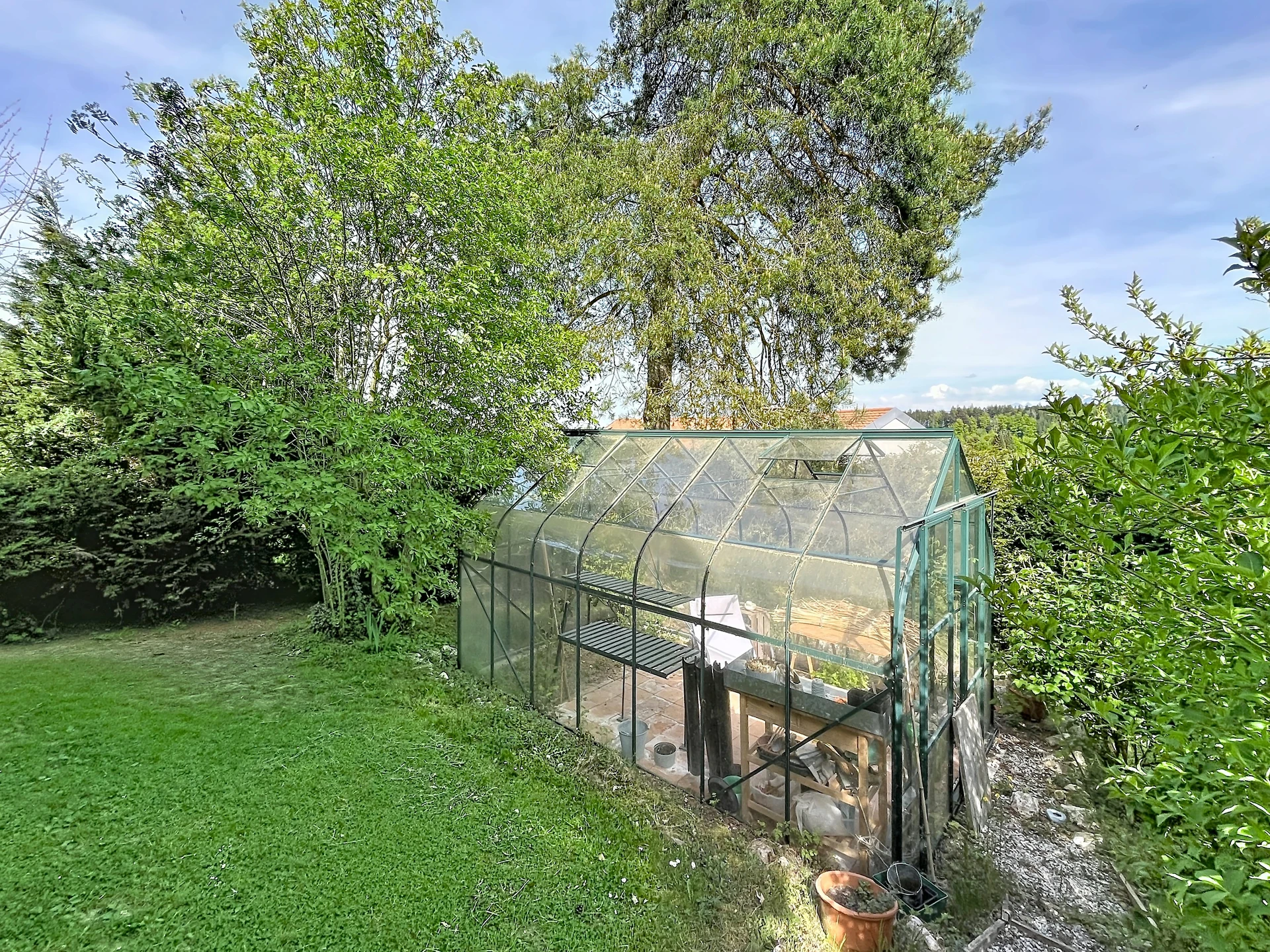 Gewächshaus im grünen Garten