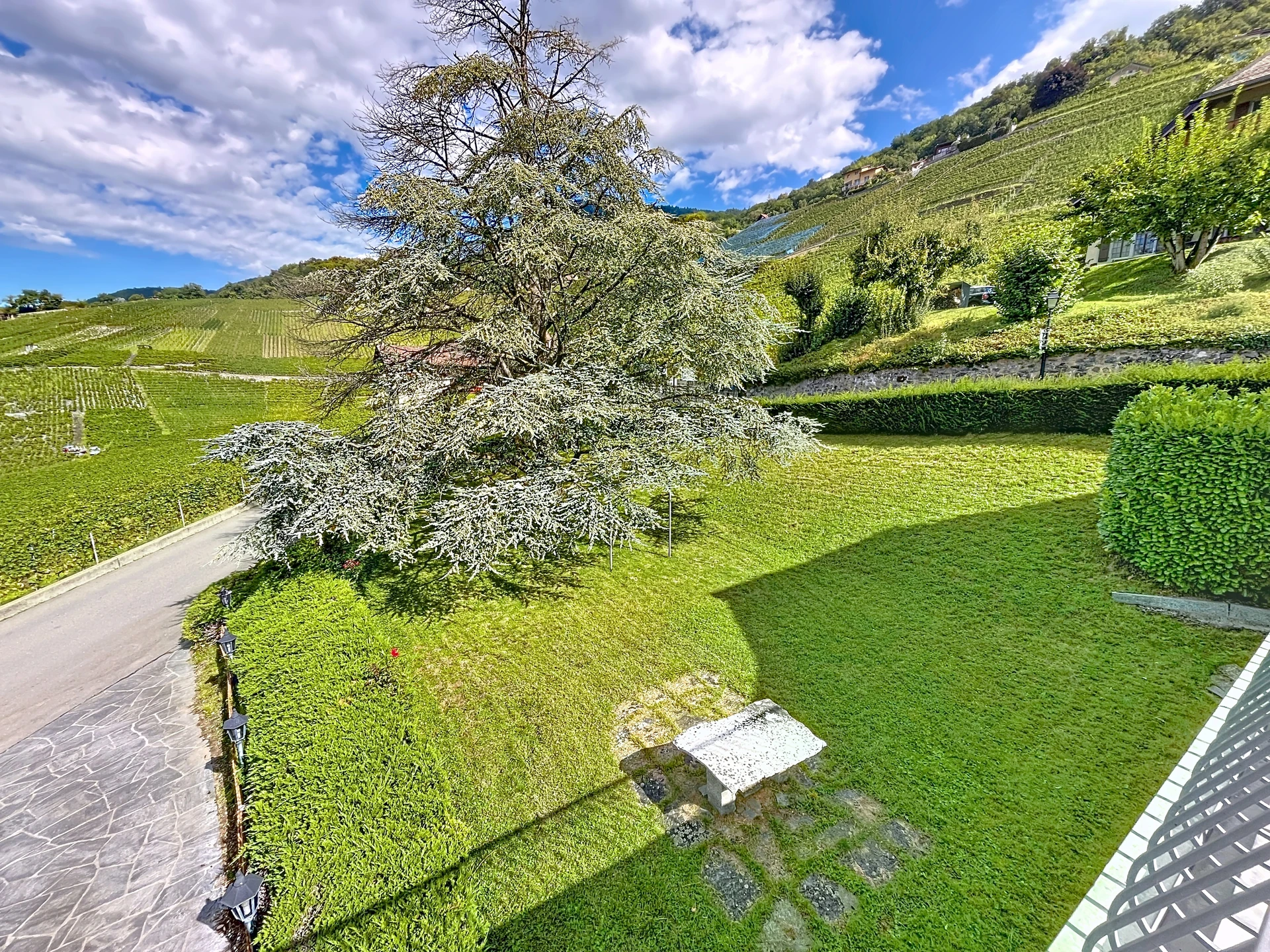 Weitläufiger Garten mit Weinbergblick
