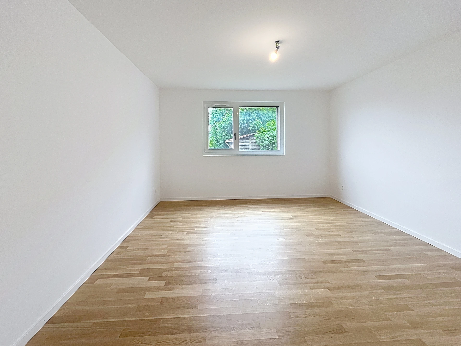 Leerer, heller Raum mit Holzboden und Fenster