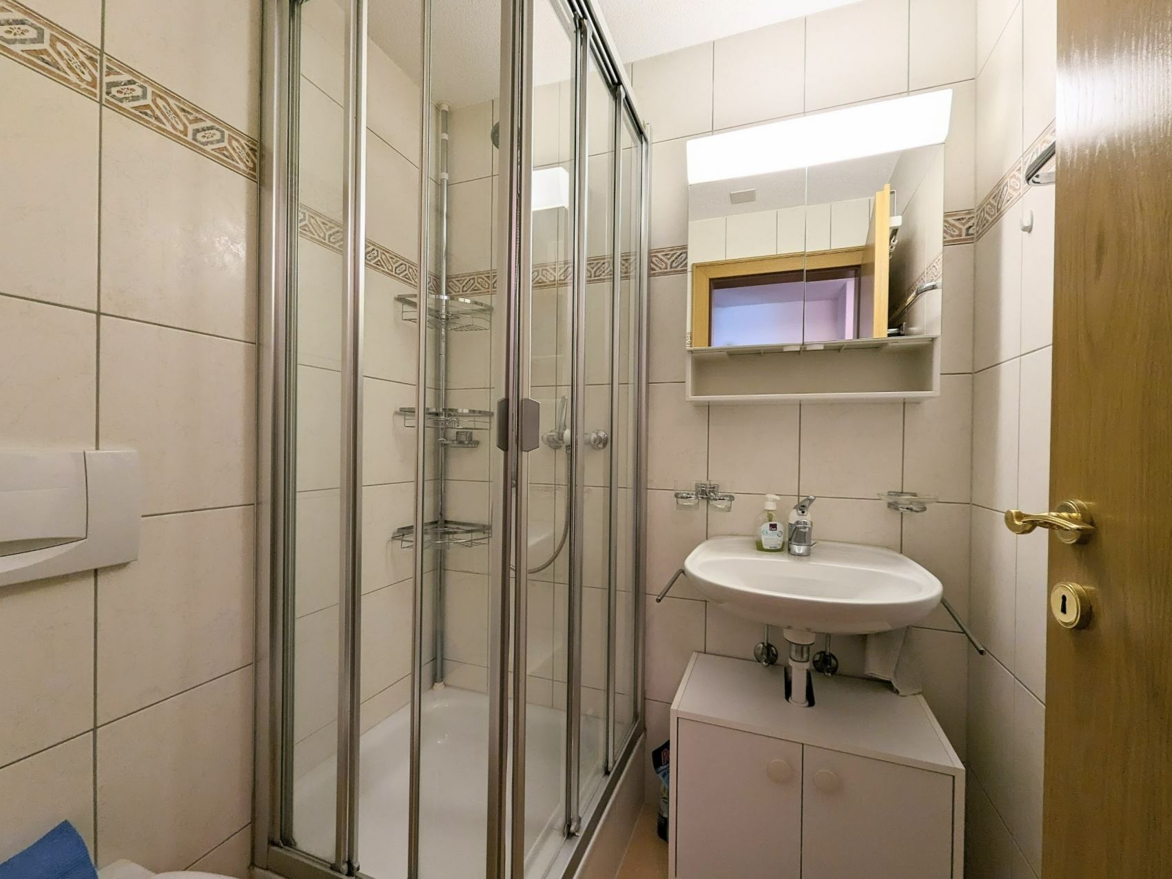 Kleines Badezimmer mit Dusche und Waschbecken