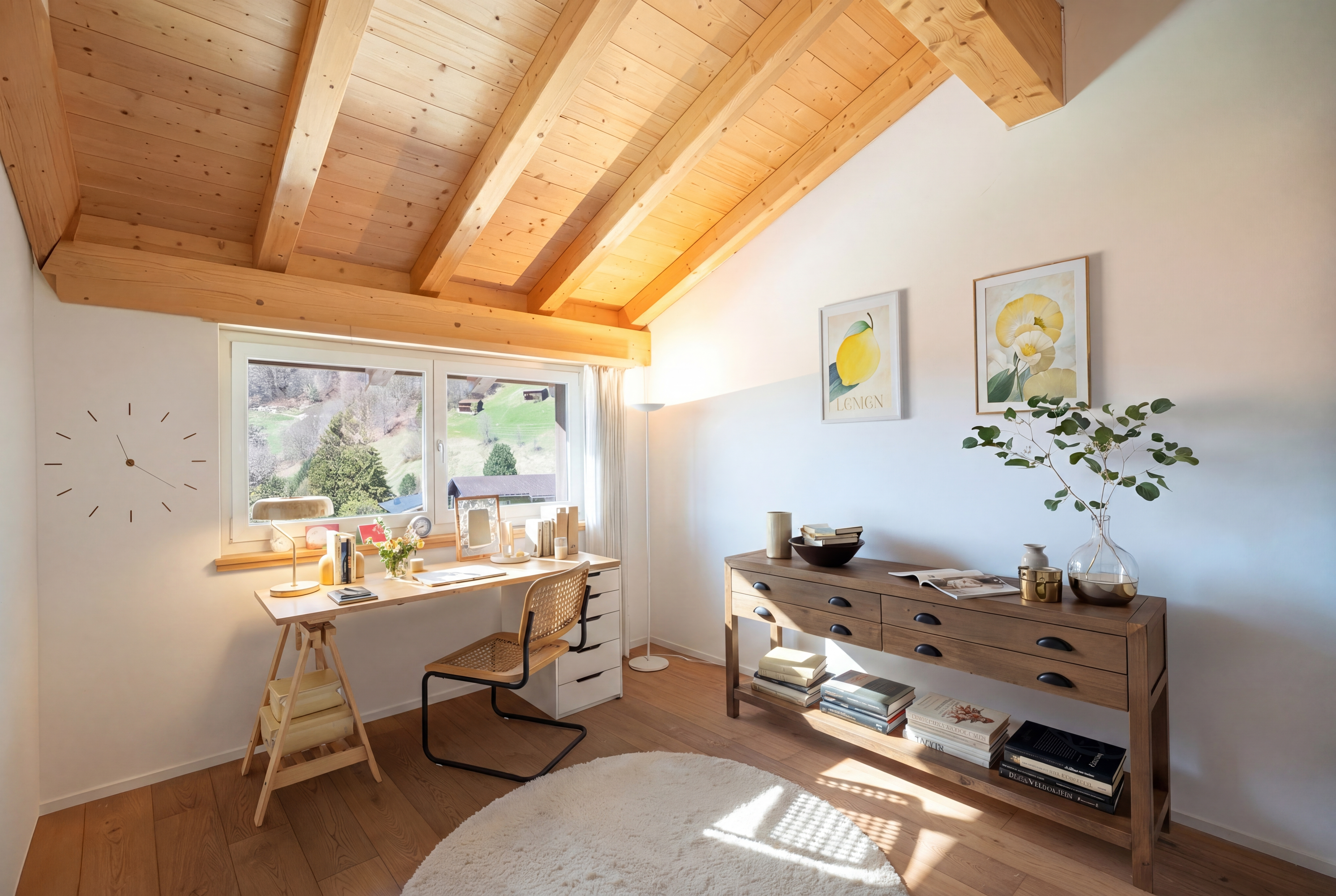 Helles Dachzimmer mit Schreibtisch
