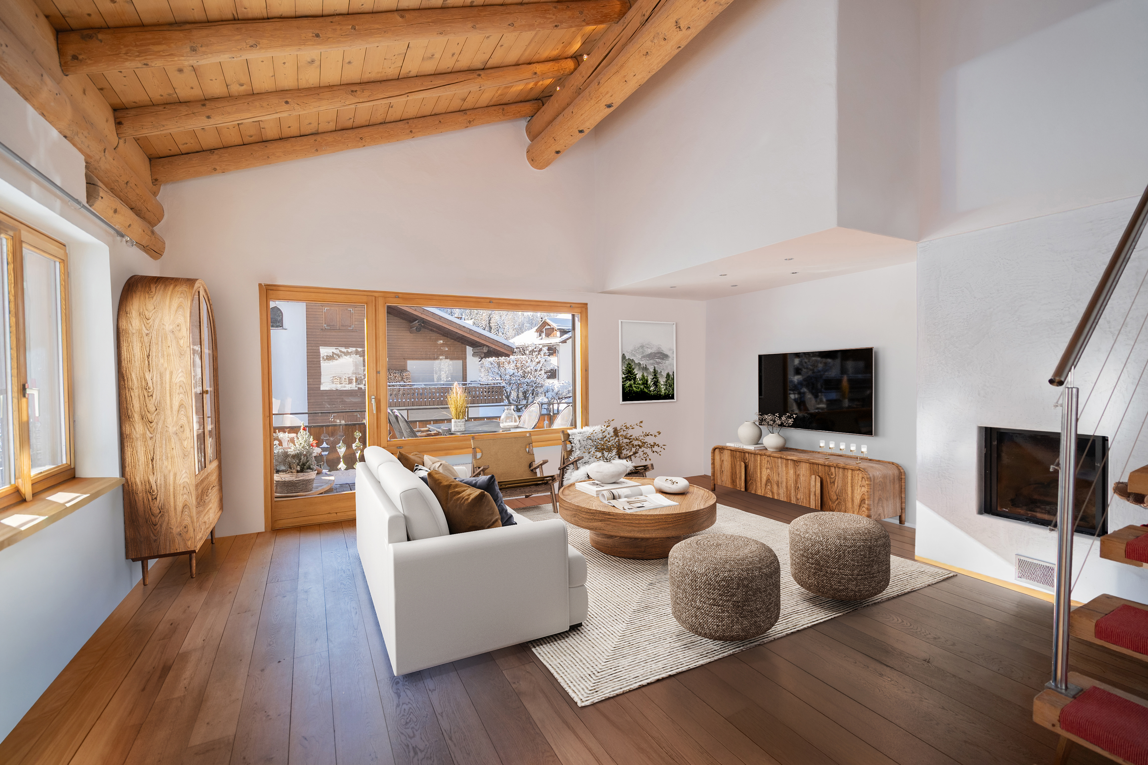 Gemütliches Chalet-Wohnzimmer mit Blick ins Freie