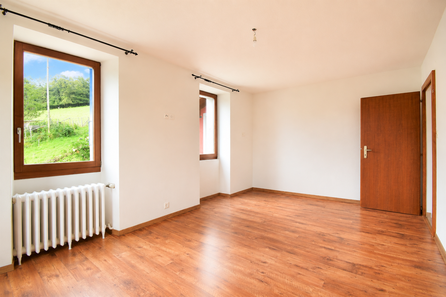 Heller leerer Raum mit Holzboden und Blick ins Grüne