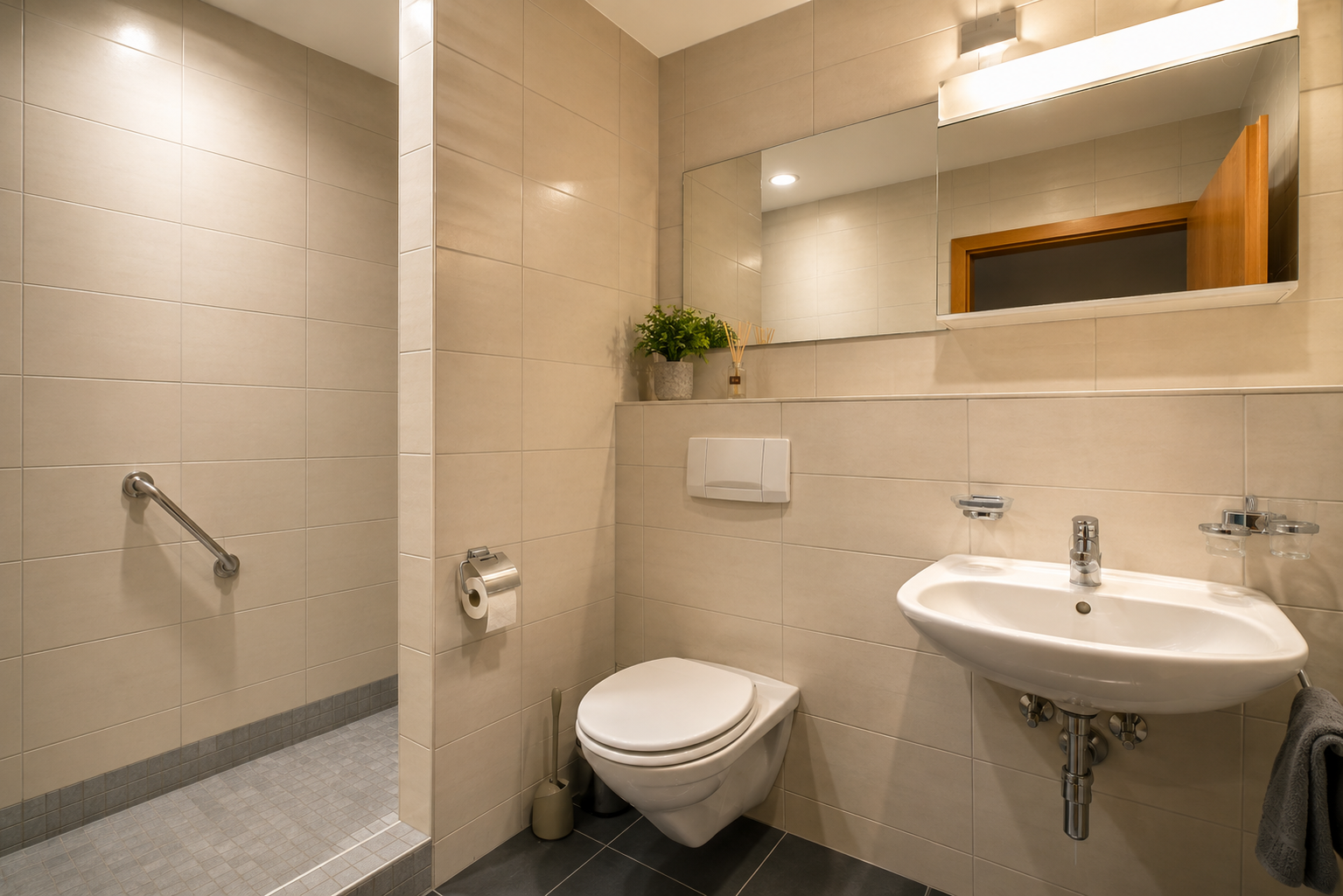 Modernes Gäste-WC mit bodengleicher Dusche und Waschtisch