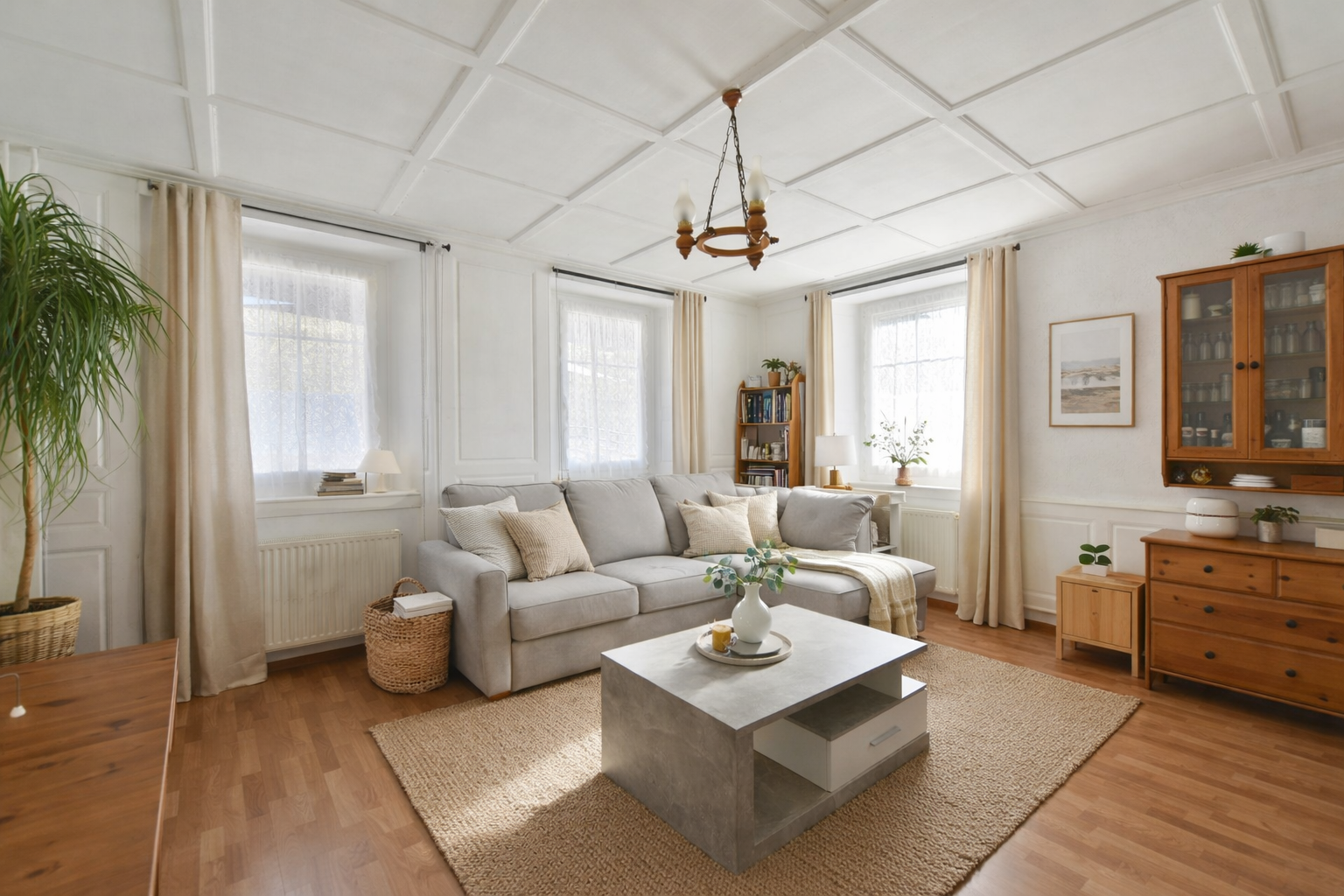 Helles Wohnzimmer mit moderner, gemütlicher Einrichtung