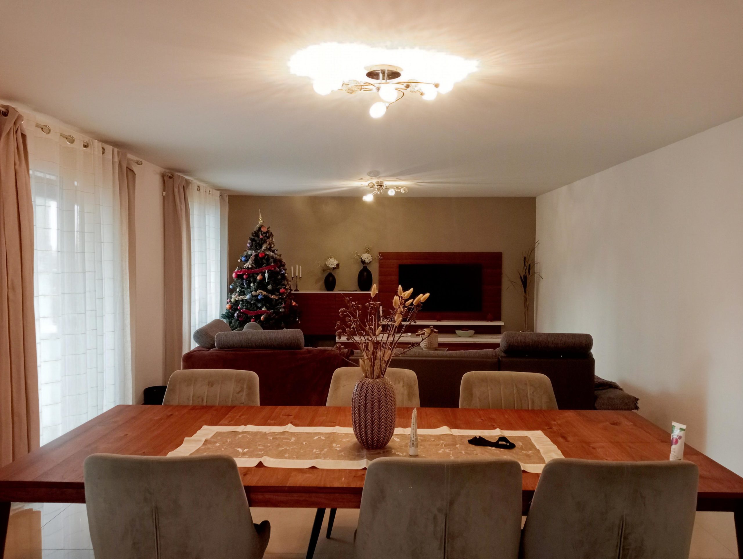 Ess-/Wohnzimmer mit festlich geschmücktem Weihnachtsbaum