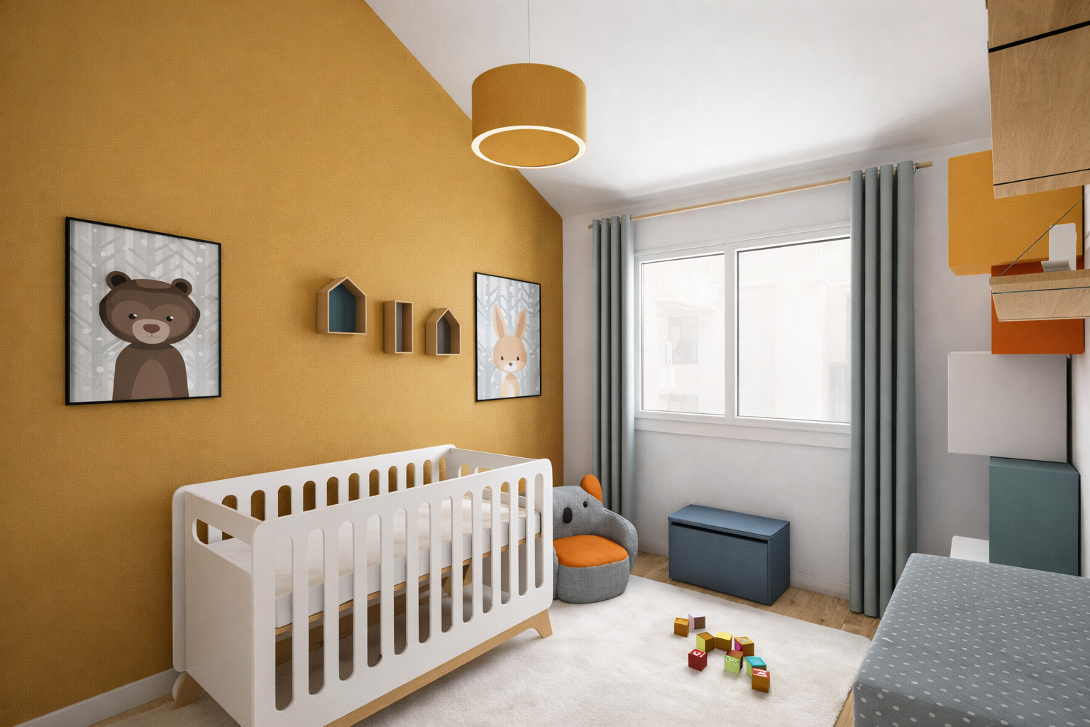 Kinderzimmer mit Gitterbett und Spielbereich