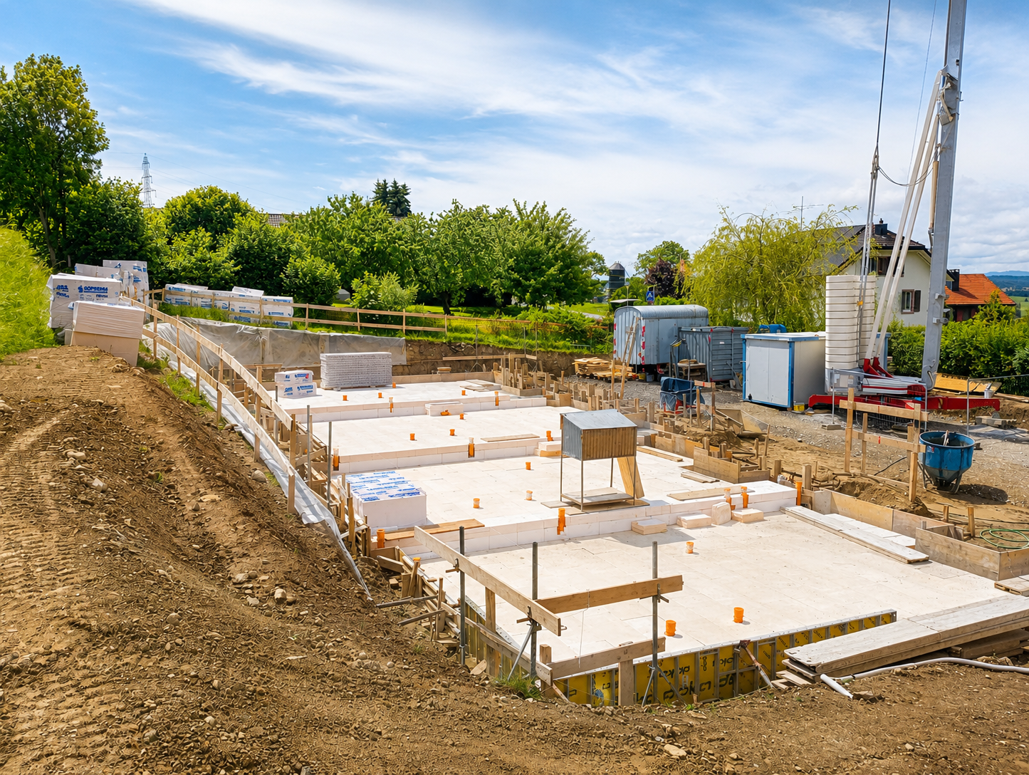 Baustelle eines Neubaus mit Bodenplatte