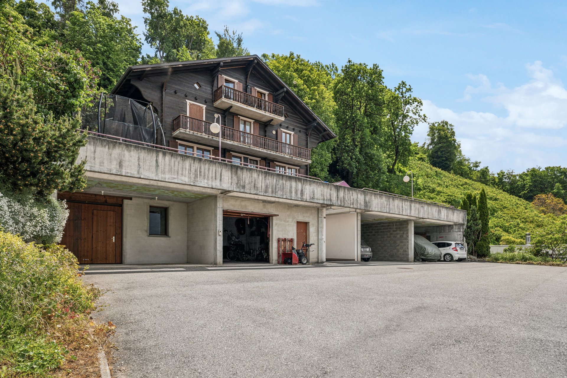 Alpines Haus mit Garagenebene und großer Zufahrt
