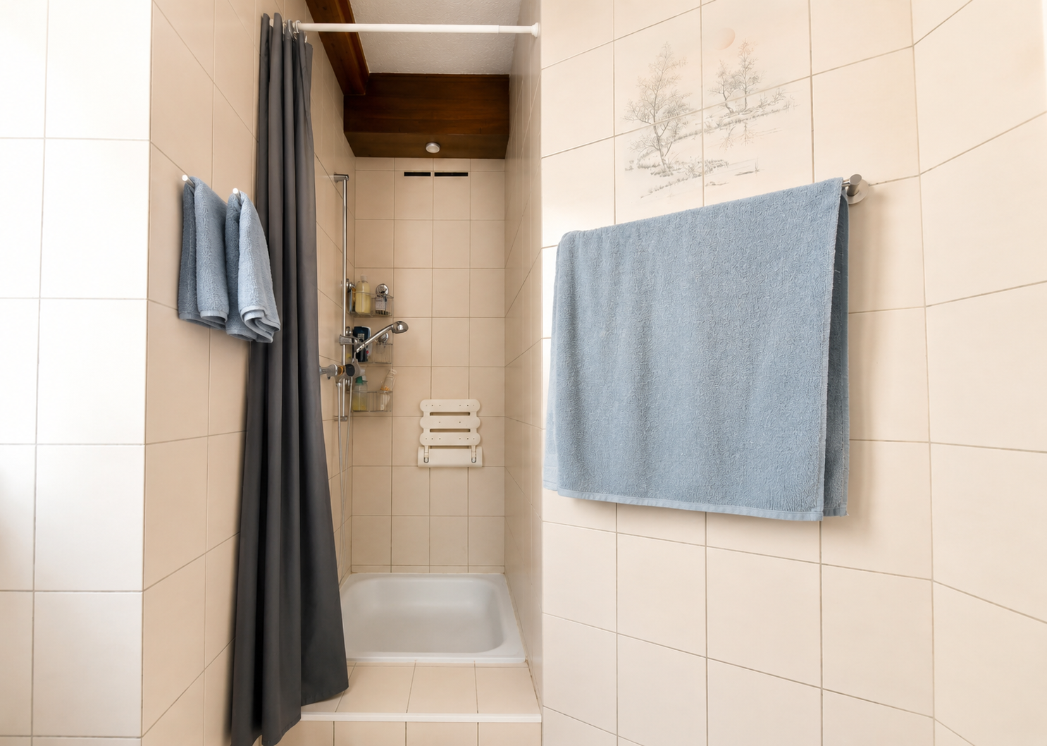 Schmale Dusche mit Vorhang