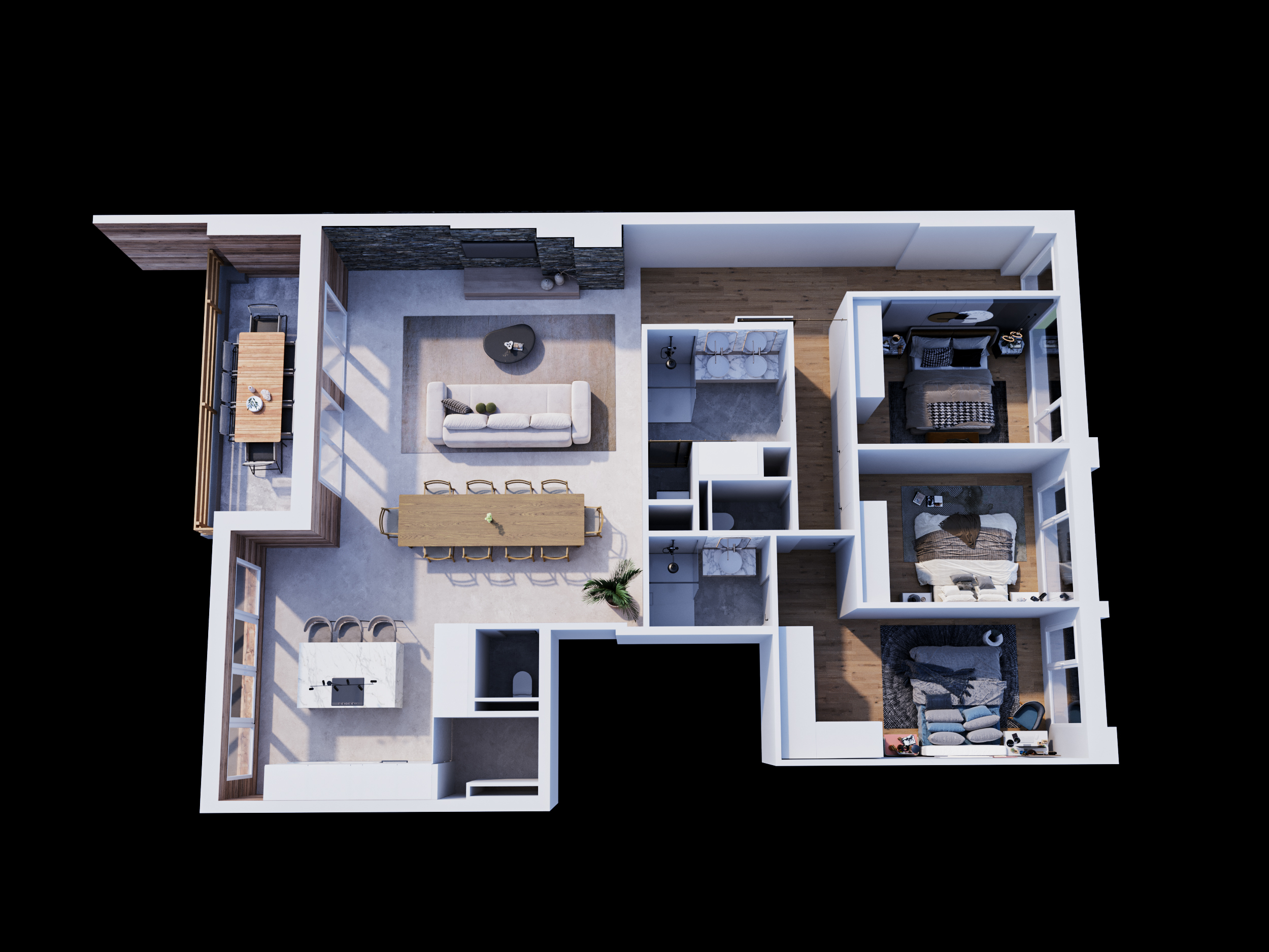 Grundriss einer modernen Wohnung mit Terrasse