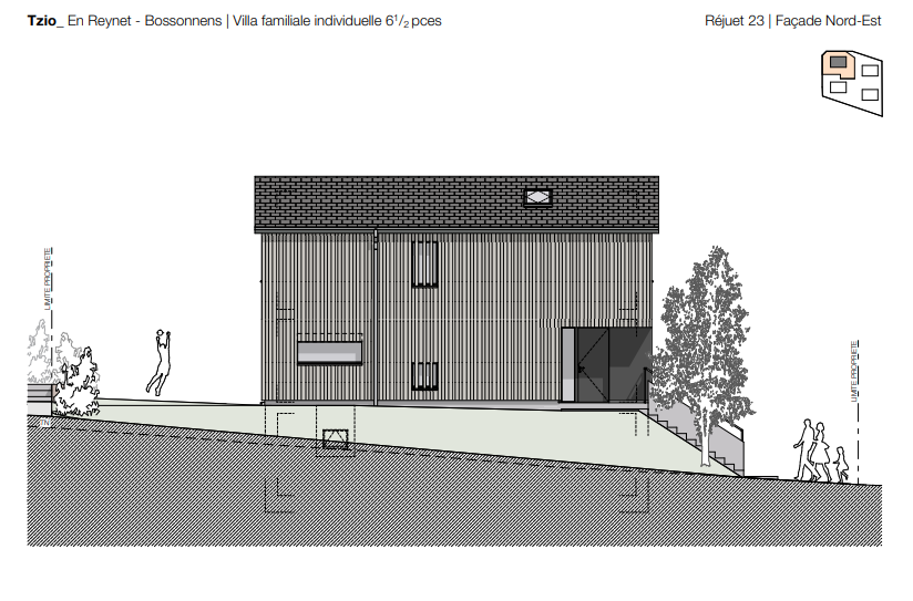 Nordost-Ansicht eines Wohnhauses als Architekturzeichnung