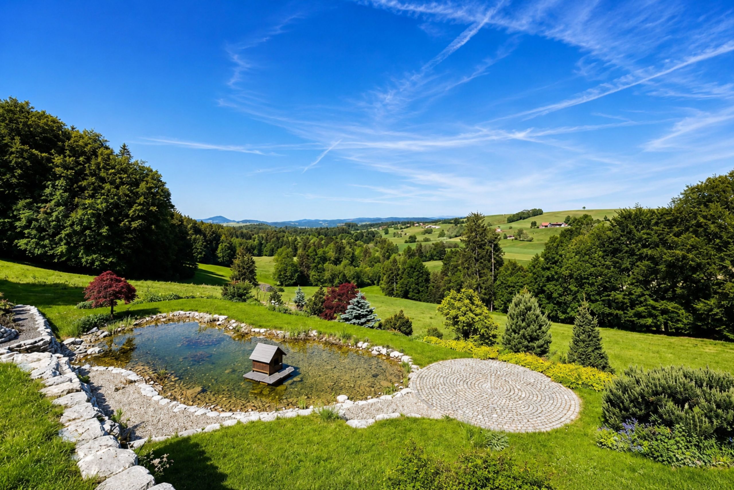 Landschaftsgarten mit Teich und Panoramablick