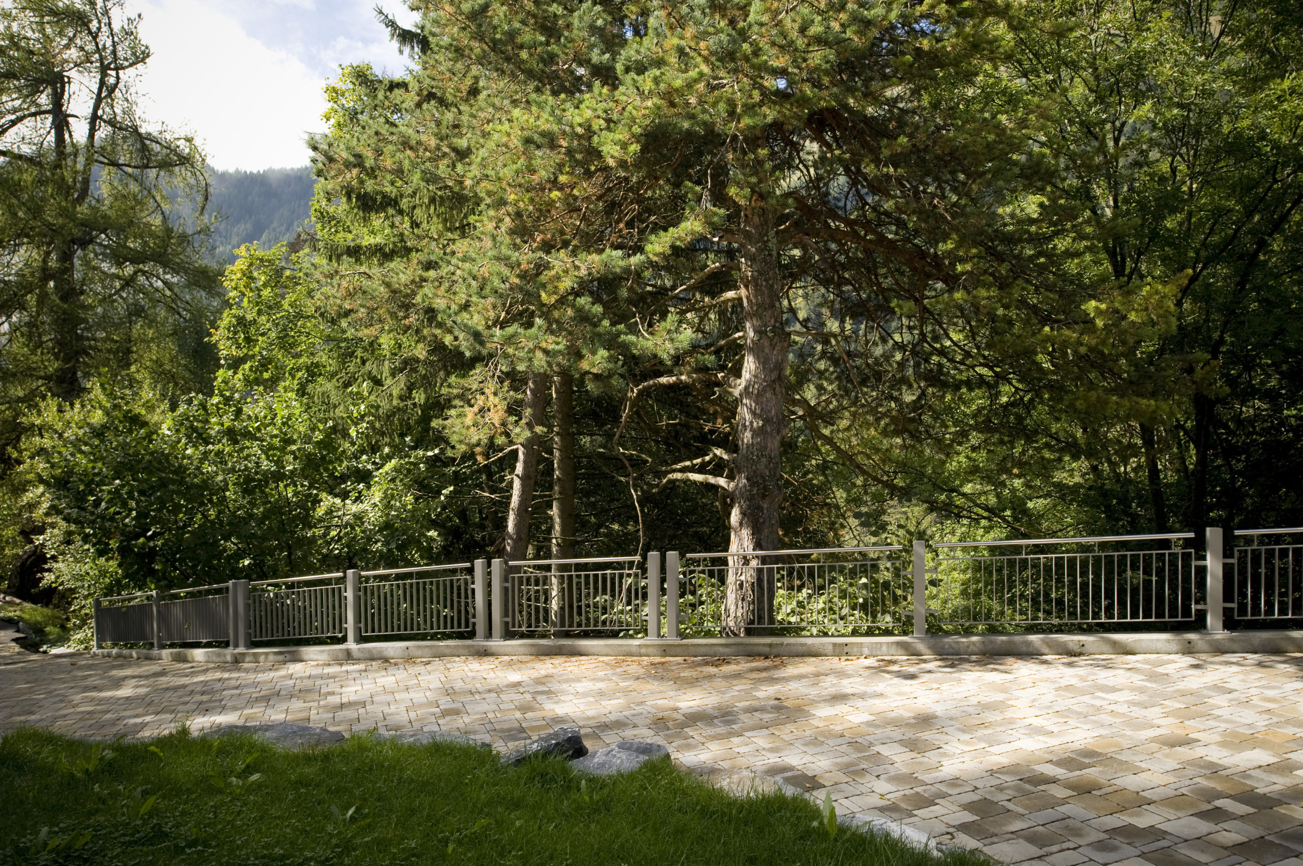 Außenbereich mit Wald und Bergblick