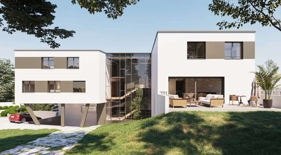 Moderne Wohnhaus-Ansicht mit Terrasse