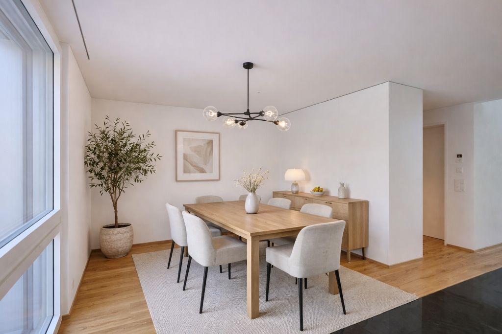 Essbereich mit Holztafel und hellem Staging