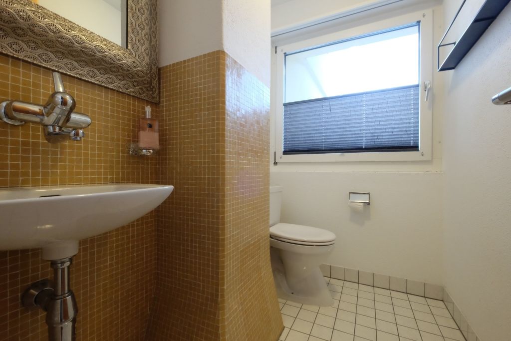 Kleines Gäste-WC mit Mosaikfliesen und Fenster