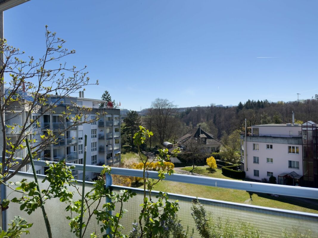 Balkonblick über Wohnanlage und Grünfläche