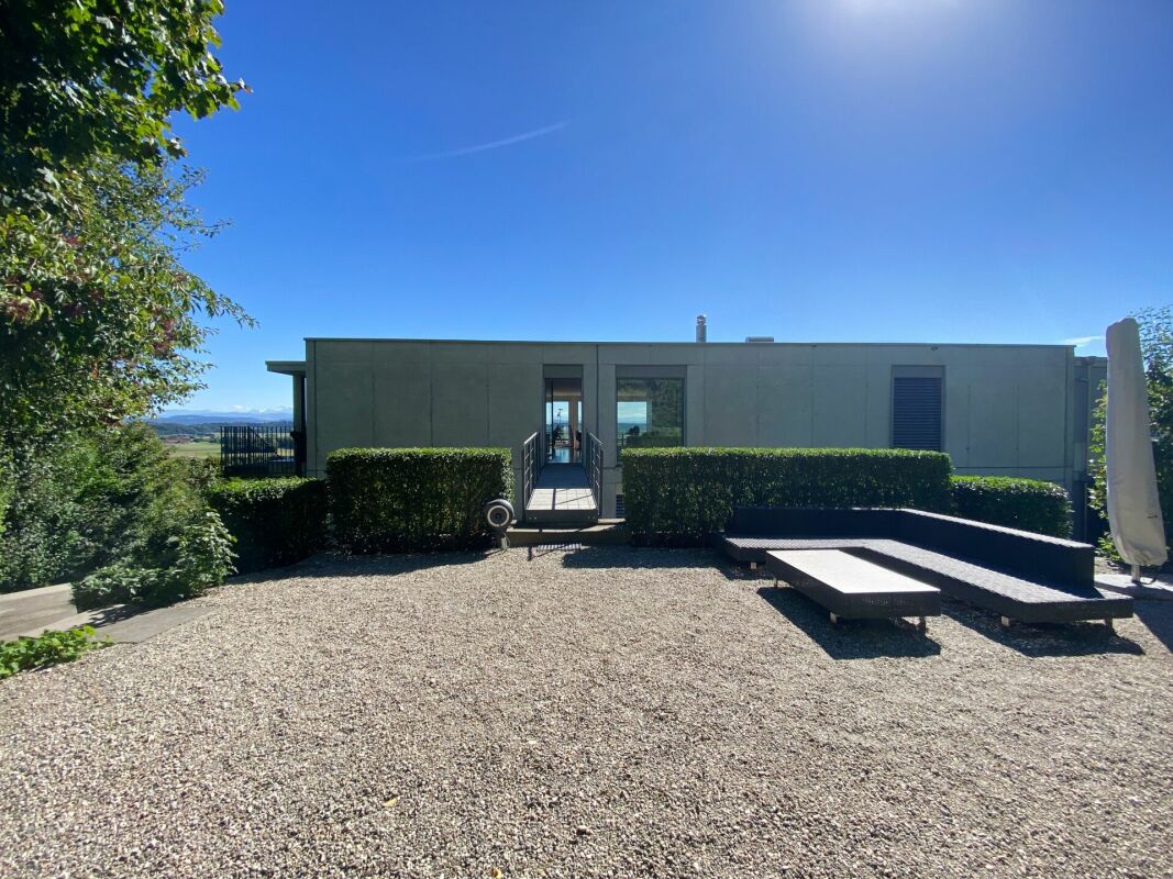 Moderne Außenansicht mit Terrasse und Garten