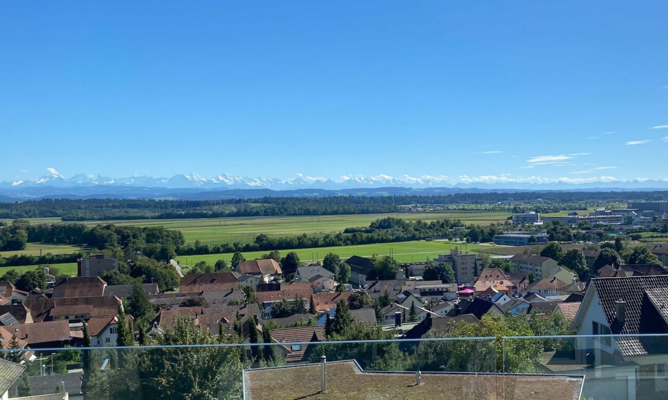 Panoramablick über Stadt und Alpen
