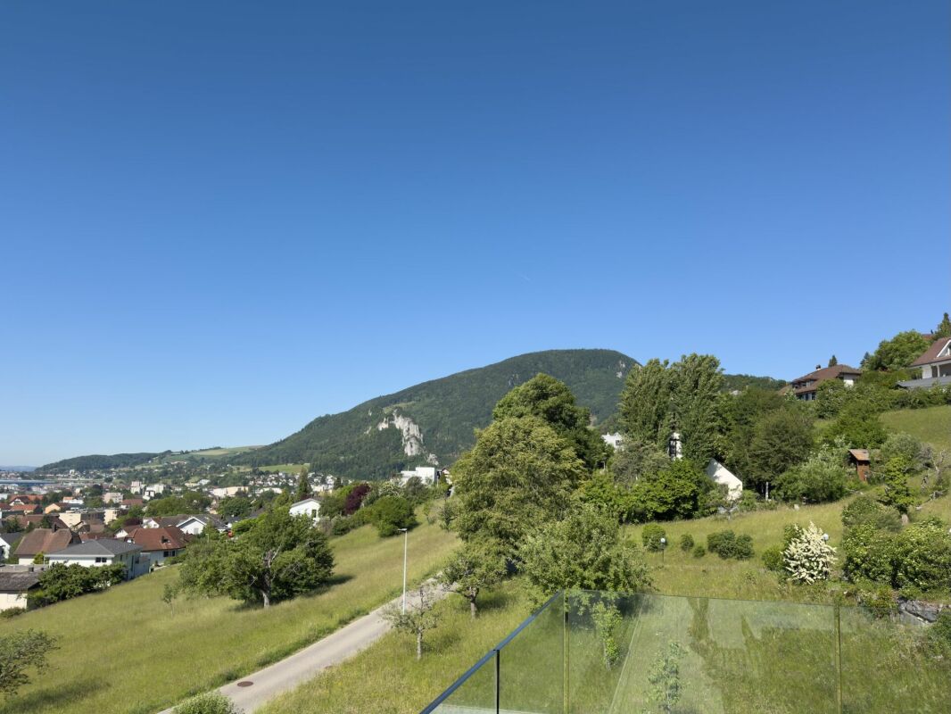 Blick auf grüne Hügellandschaft mit Stadtpanorama