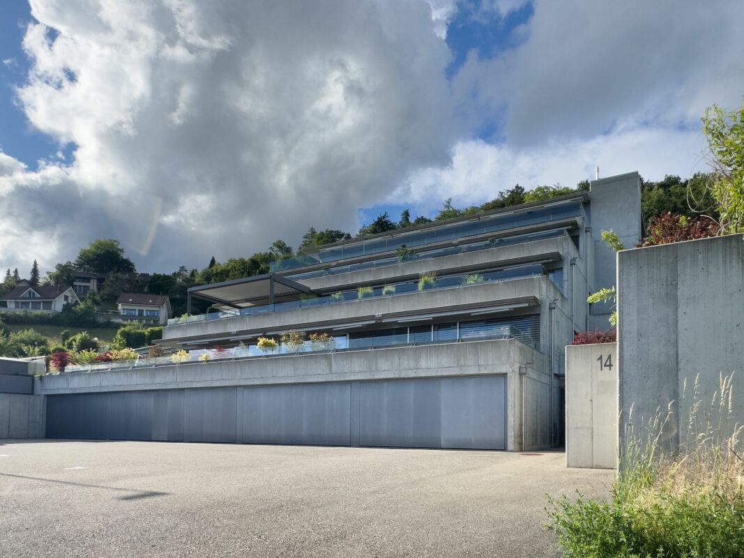 Moderne Terrassenanlage mit Garagenfront