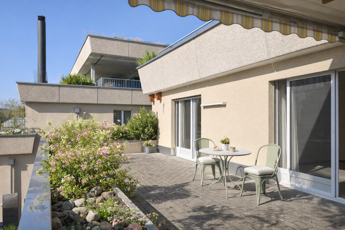 Große Dachterrasse mit Sitzgruppe und Pflanzen