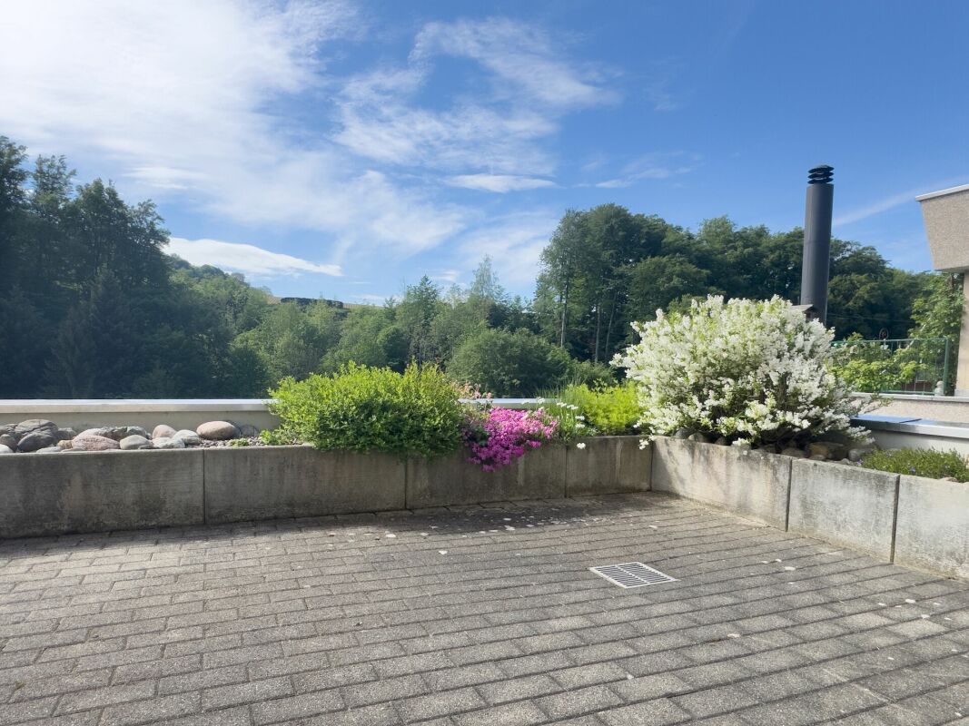 Dachterrasse mit Pflanzkübeln und Weitblick ins Grüne