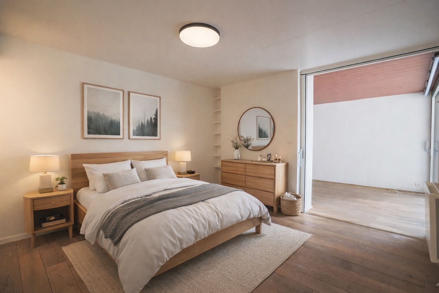 Helles Schlafzimmer mit Holzmöbeln und Schiebetür zum Außenbereich