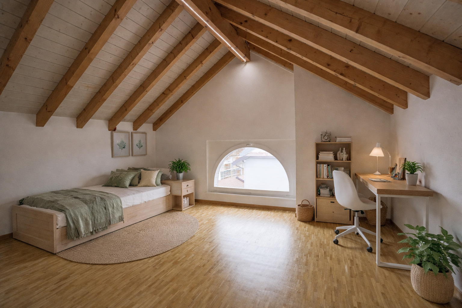 Helles Dachzimmer mit Bett und Arbeitsplatz
