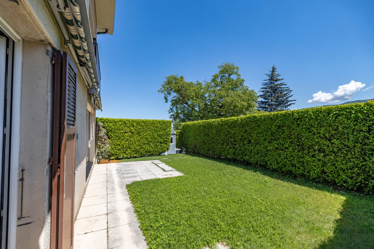 Gartenbereich mit Terrasse und Hecke