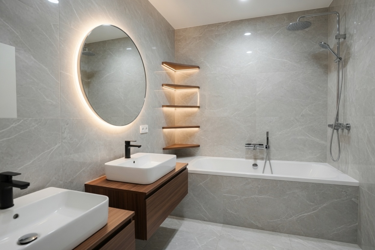 Modernes Bad mit Doppelwaschbecken und Wanne