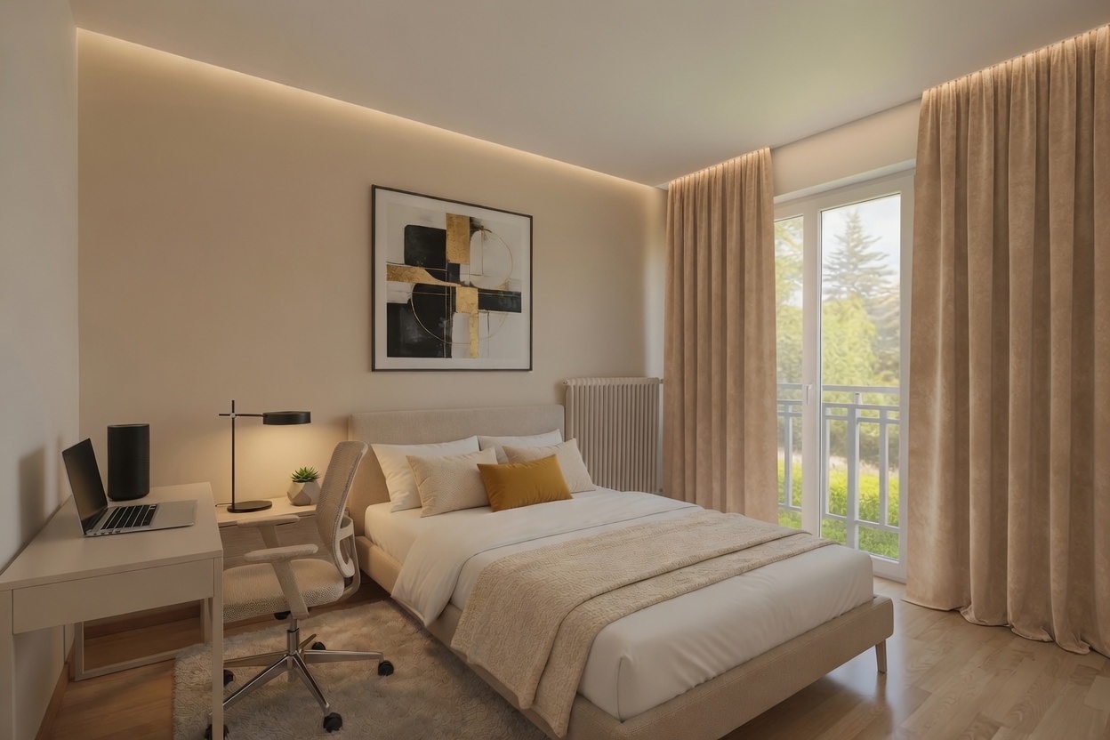 Helles Schlafzimmer mit Balkonblick