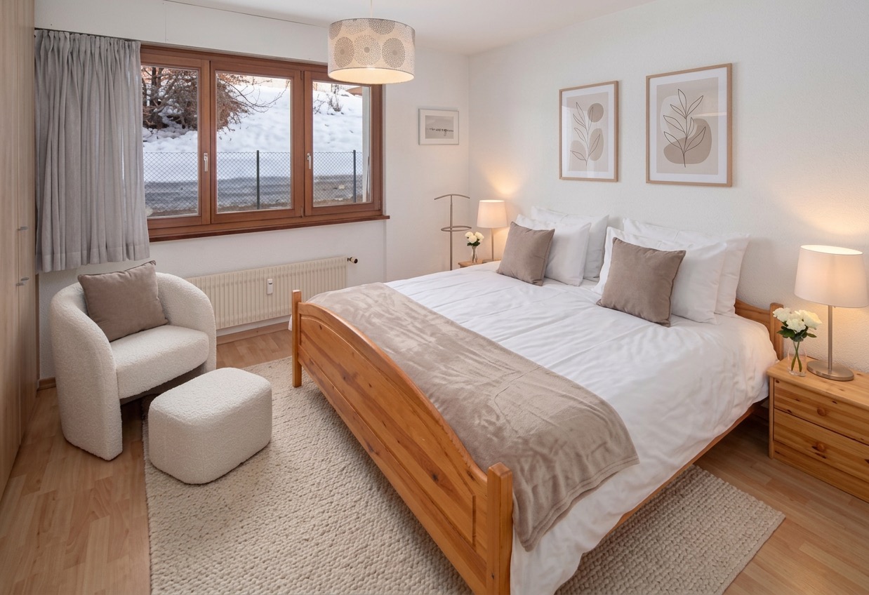 Helles Schlafzimmer mit Holzmöbeln