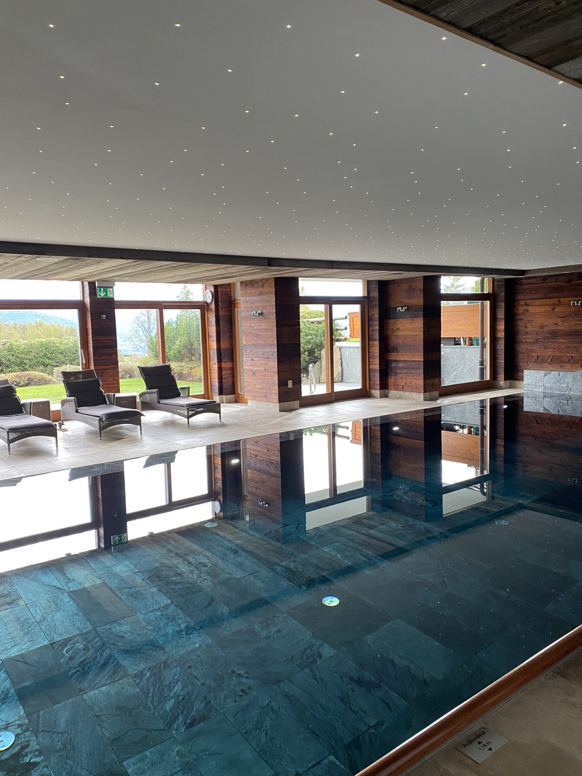 Indoor Poolbereich mit Lounge und Blick ins Grüne