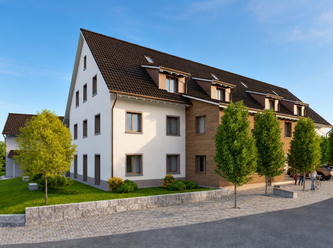 Mehrfamilienhaus mit Satteldach und Holzfassade