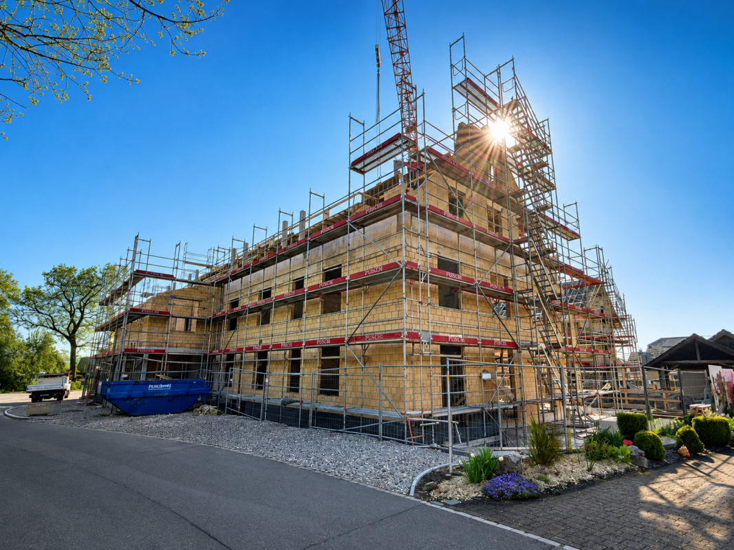 Mehrfamilienhaus im Bau mit Gerüst