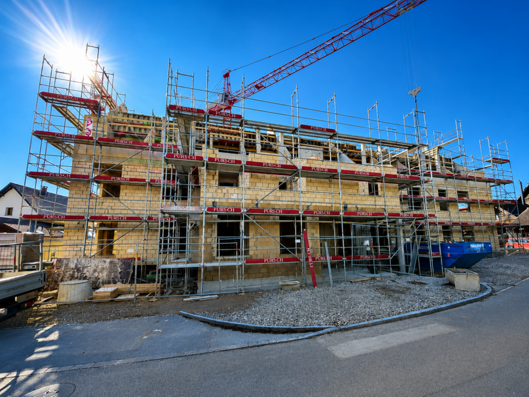 Neubau im Bau mit Gerüst und Kran