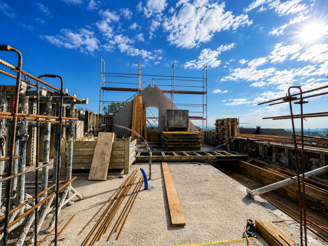Baustelle auf Dach mit Gerüst