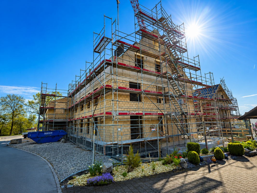 Neubau im Rohbau mit Gerüst