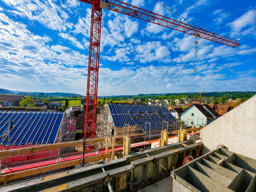 Baustelle mit Kran und Ausblick über das Dorf