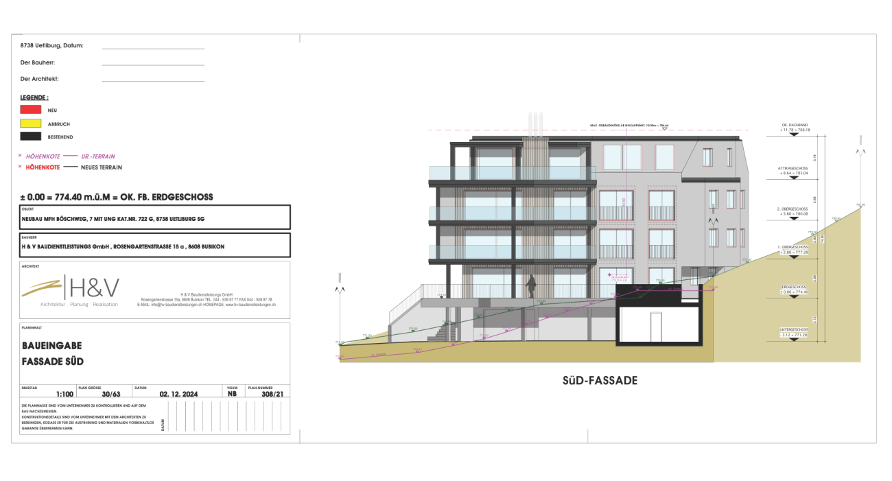 Süd-Fassade eines Neubaus als Bauantragszeichnung