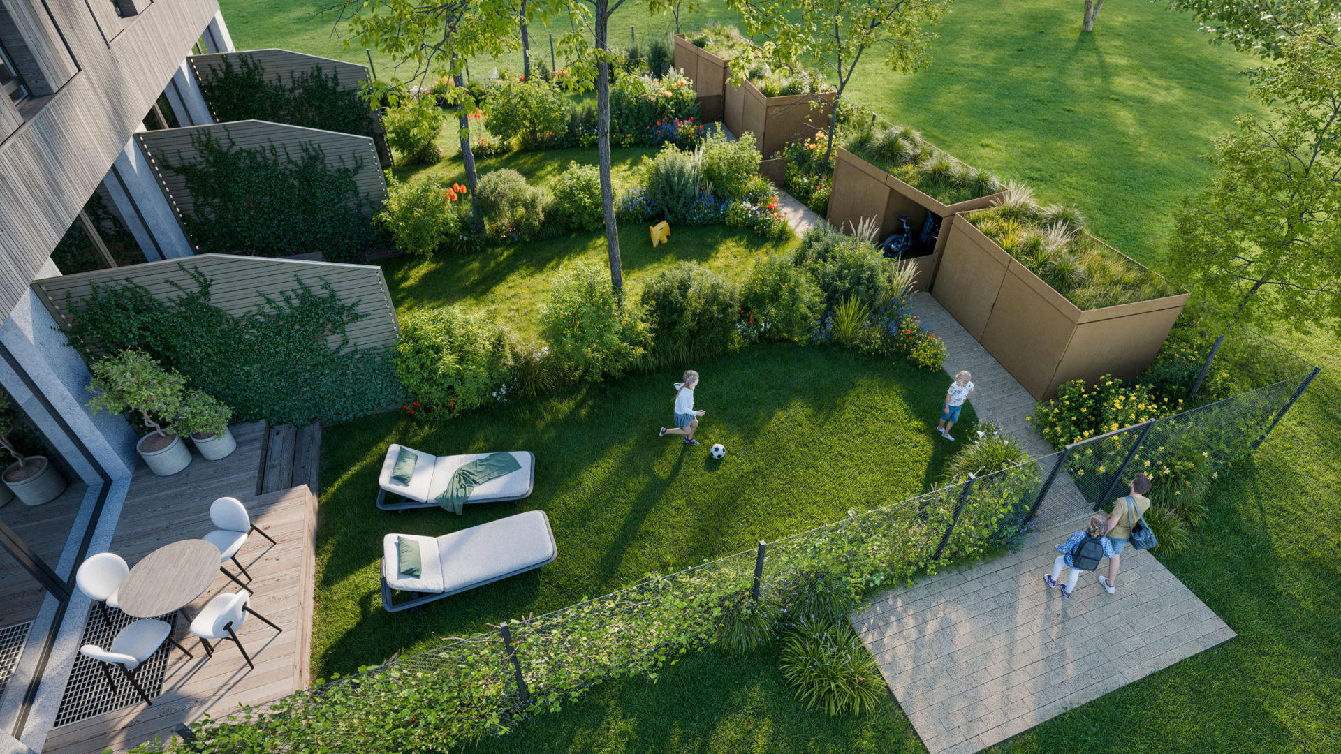 Moderner Garten mit Terrasse und Spielbereich