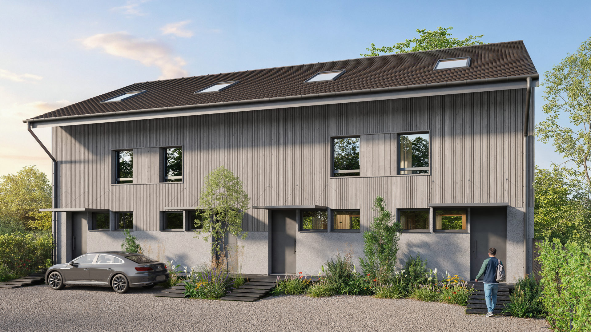 Moderne Wohnhaus-Ansicht mit Garten
